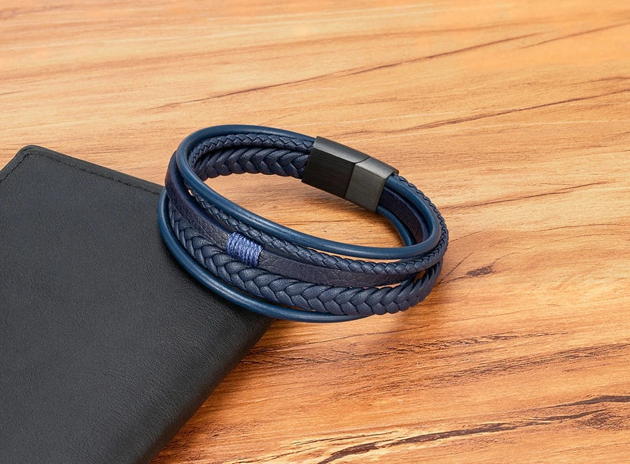 XQNI Luxury Fashion Hand-Woven Leather Bracelet Multilayer Men's Bangles Stainless Steel Magnetic Buckle Party Jewelry Gift