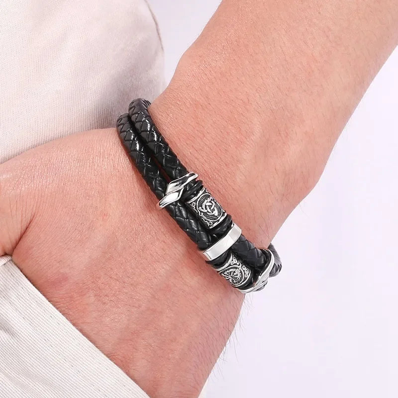 Viking Norse Runes Amulet Double Layer Braided Leather Men Bracelet Stainless Steel Trendy Punk Bangle Male Party Jewelry SP1339