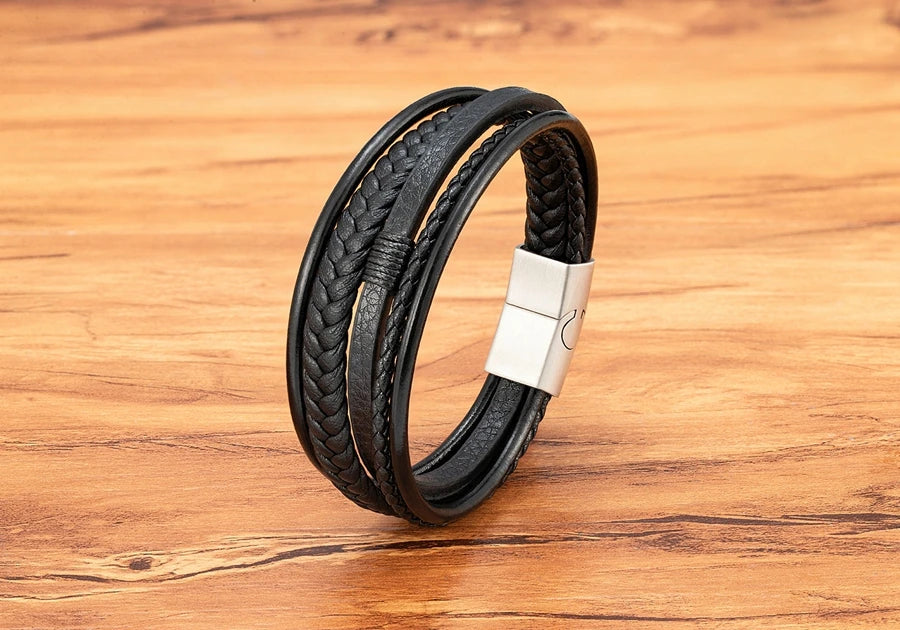 XQNI Luxury Fashion Hand-Woven Leather Bracelet Multilayer Men's Bangles Stainless Steel Magnetic Buckle Party Jewelry Gift