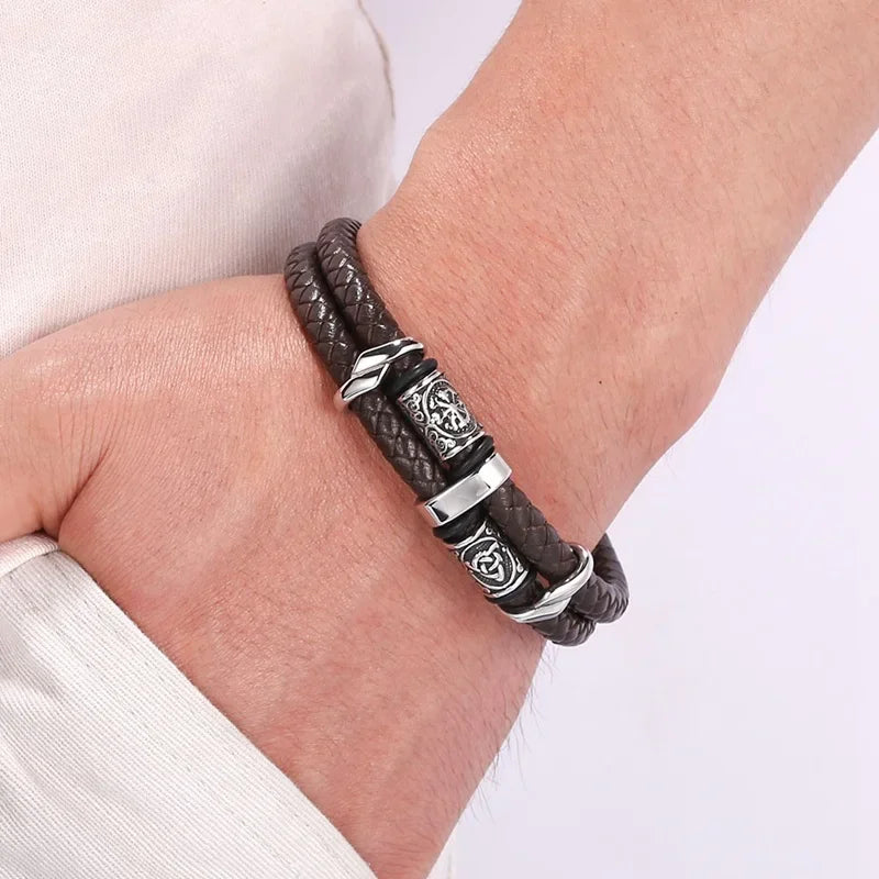 Viking Norse Runes Amulet Double Layer Braided Leather Men Bracelet Stainless Steel Trendy Punk Bangle Male Party Jewelry SP1339