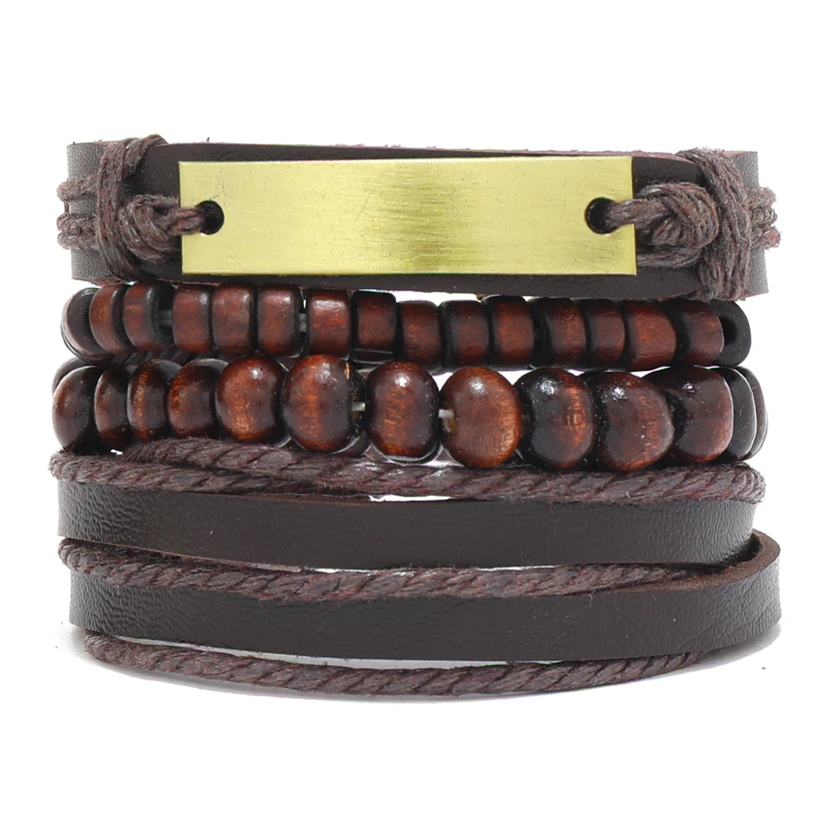 Men's Brown Beaded Chain Leather Bracelet Set