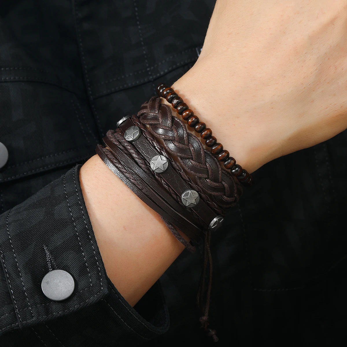 Men's Brown Beaded Chain Leather Bracelet Set