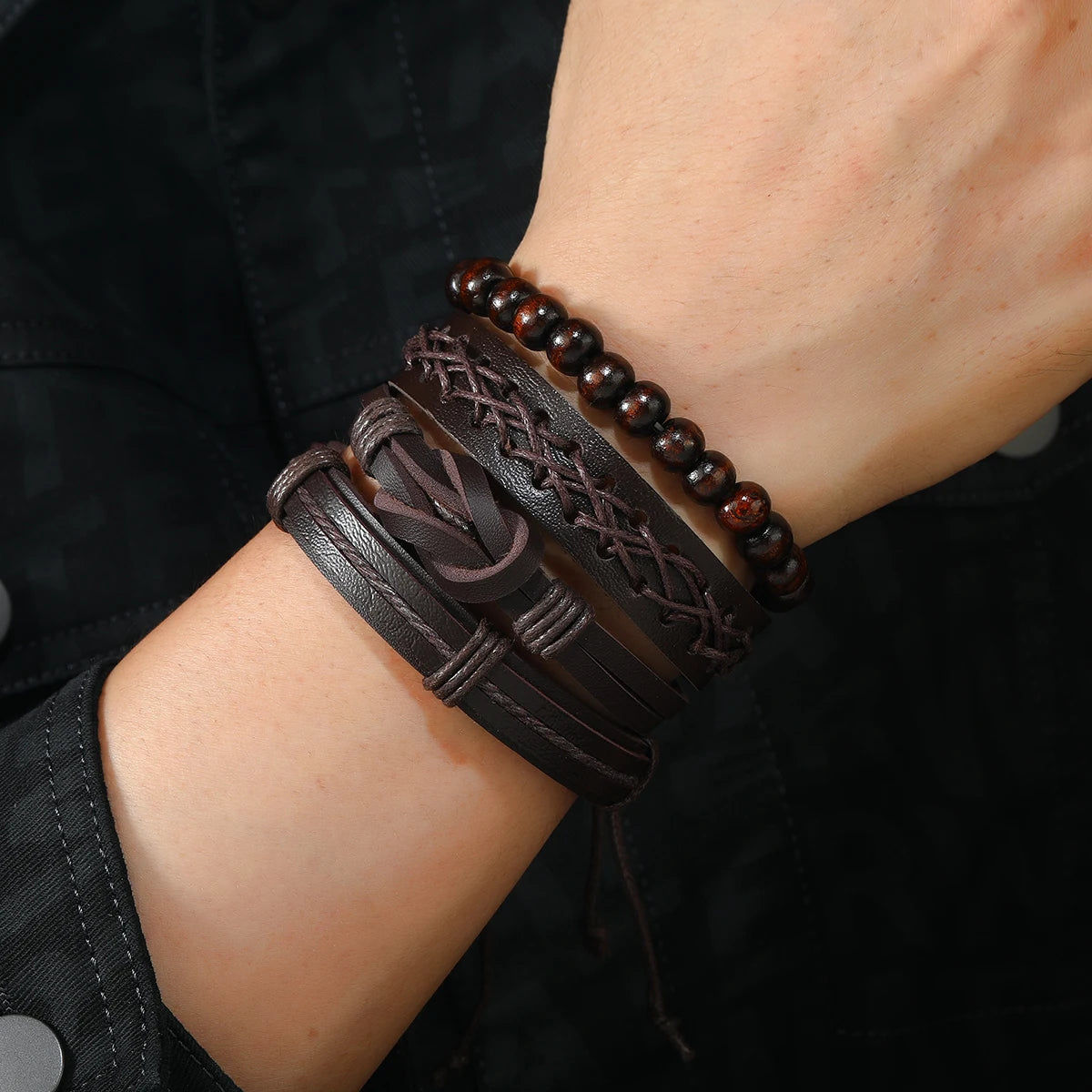Men's Brown Beaded Chain Leather Bracelet Set