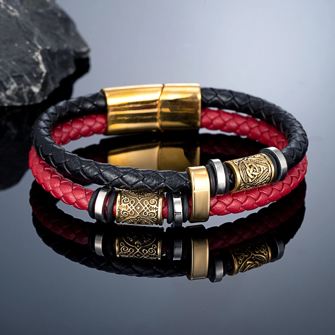 Punk Men's Genuine Leather & Stainless Steel Braided Bracelet - Viking Norse Runes Bead Bangle, Adjustable Couple Jewelry Gifts