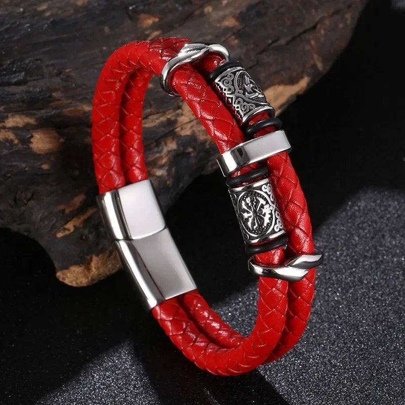Viking Norse Runes Amulet Double Layer Braided Leather Men Bracelet Stainless Steel Trendy Punk Bangle Male Party Jewelry SP1339
