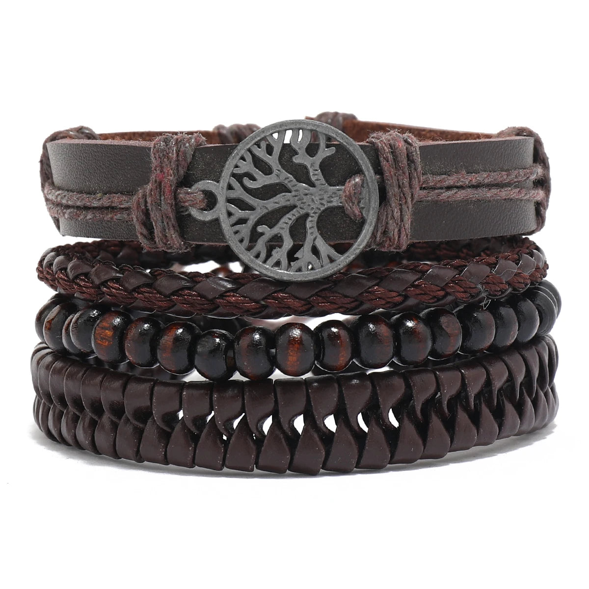 Men's Brown Beaded Chain Leather Bracelet Set