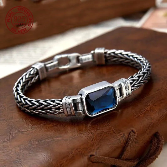 S925 Sterling Silver Couple Style Hand-Knitted Bracelet Old Vintage Stone Men Personalized Versatile 5MM Chain Fashion Jewelry