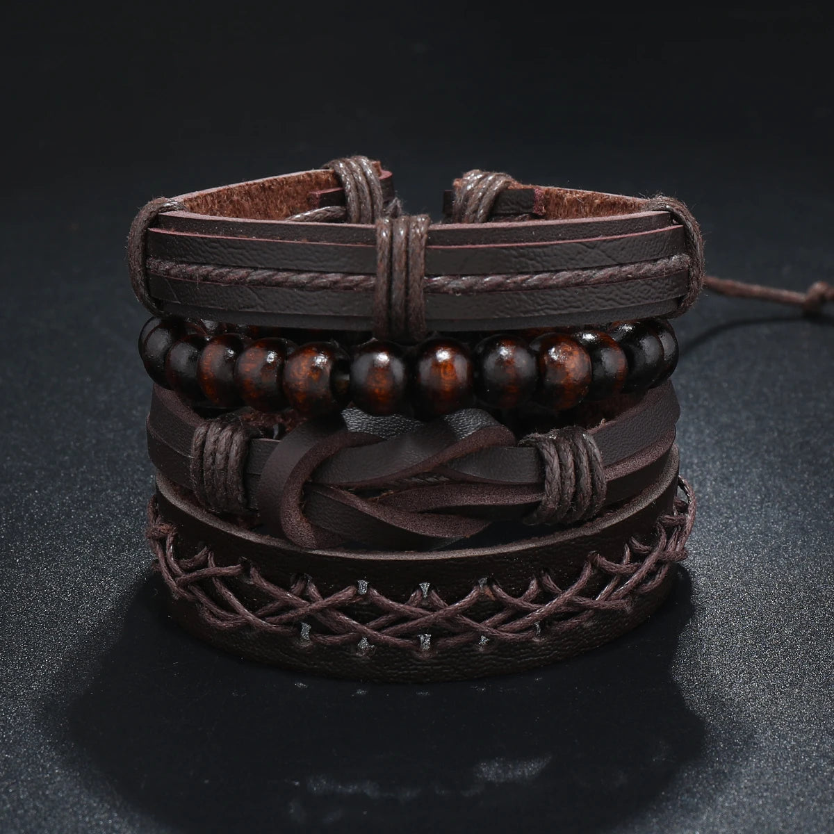 Men's Brown Beaded Chain Leather Bracelet Set