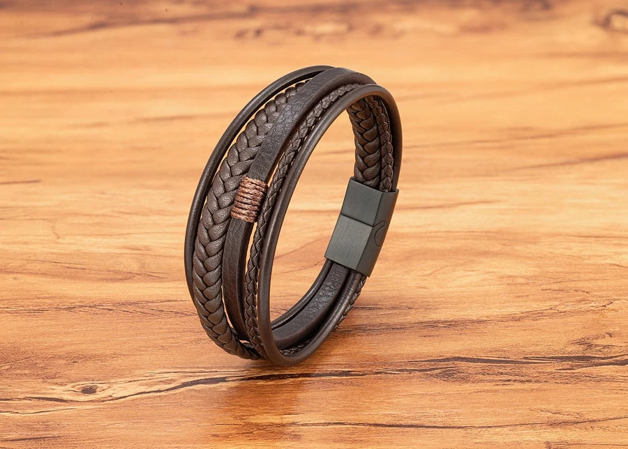 XQNI Luxury Fashion Hand-Woven Leather Bracelet Multilayer Men's Bangles Stainless Steel Magnetic Buckle Party Jewelry Gift