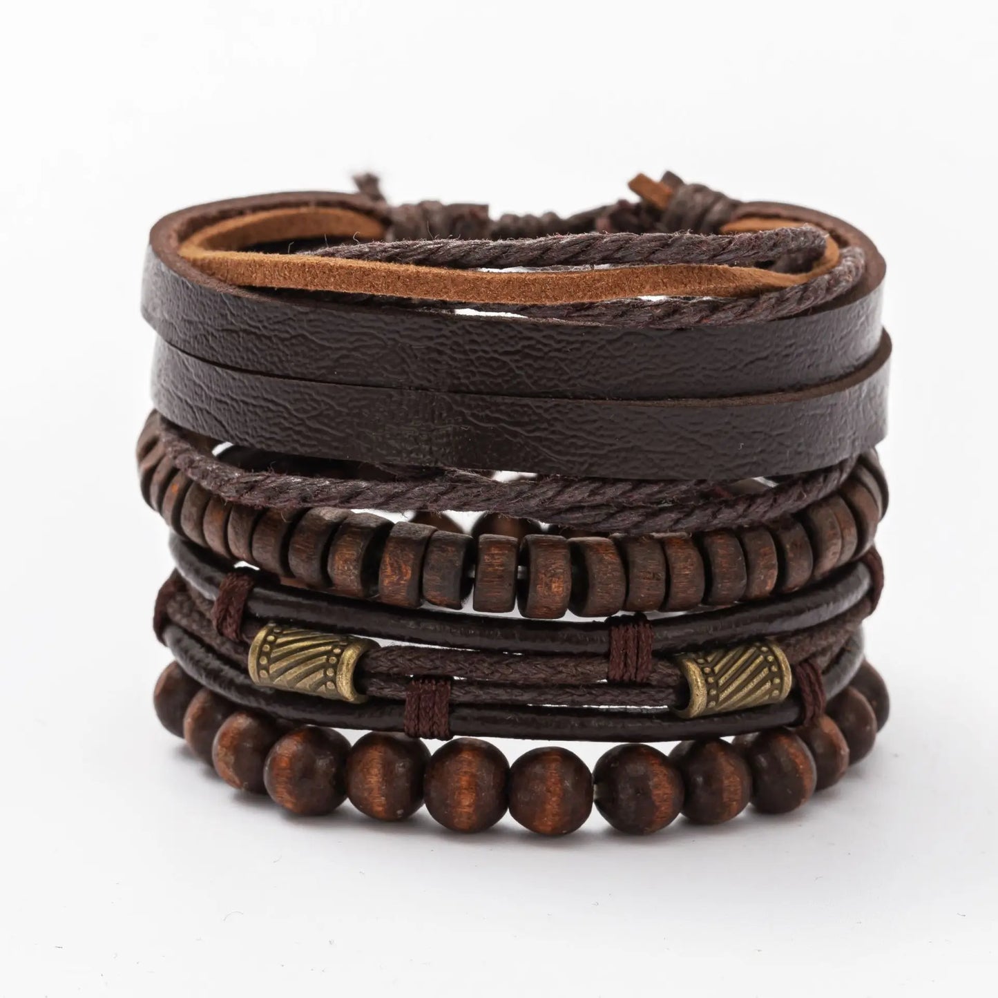 Men's Brown Beaded Chain Leather Bracelet Set