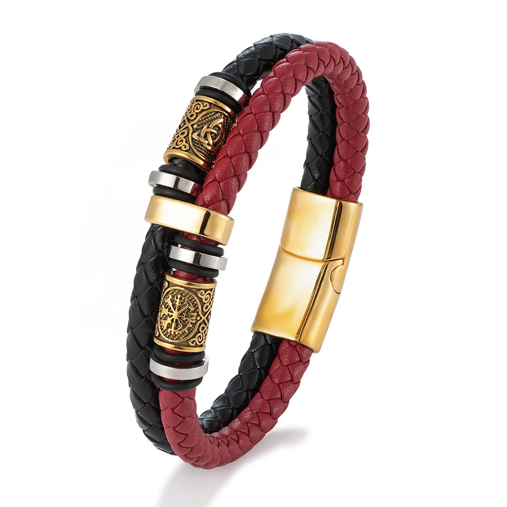 Punk Men's Genuine Leather & Stainless Steel Braided Bracelet - Viking Norse Runes Bead Bangle, Adjustable Couple Jewelry Gifts