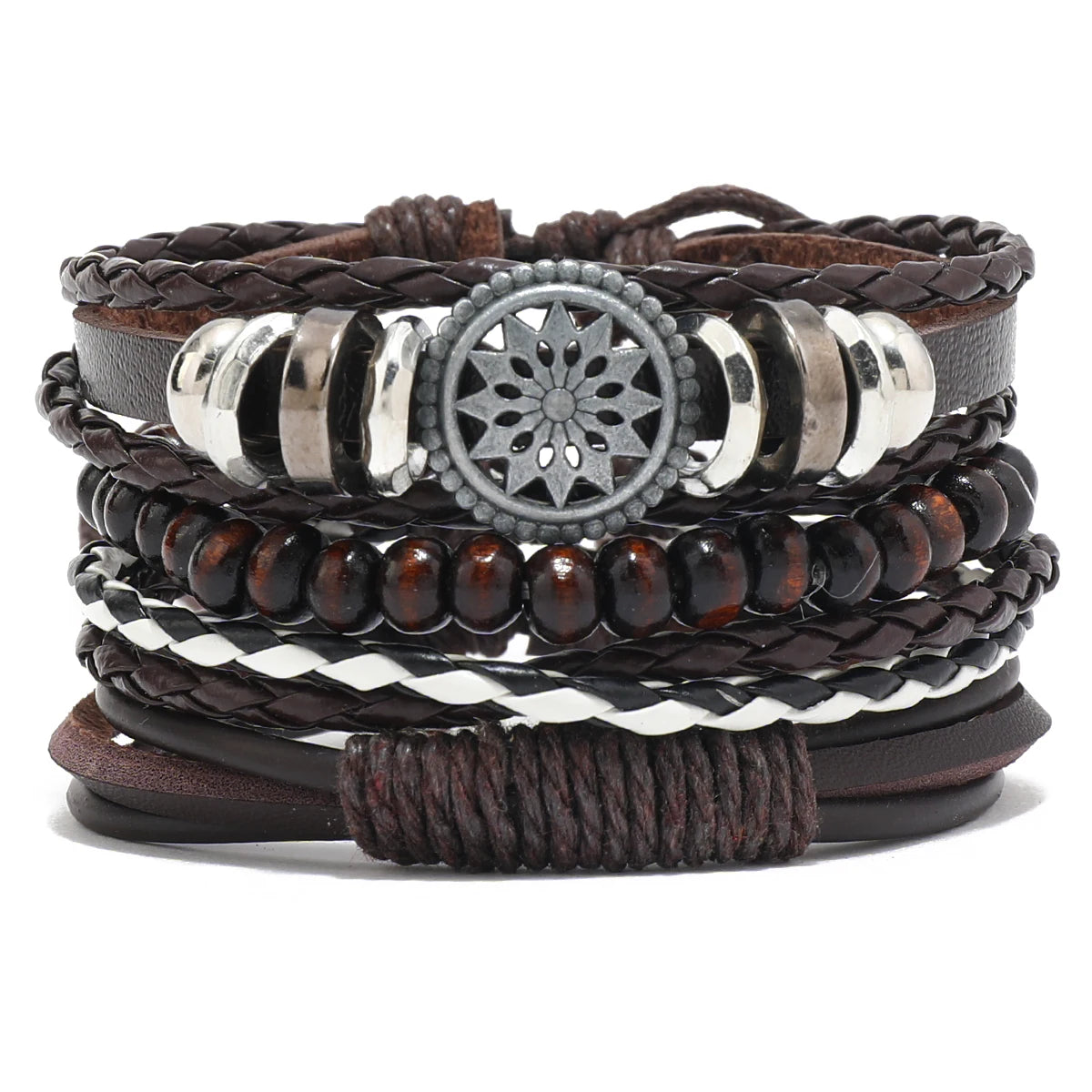 Men's Brown Beaded Chain Leather Bracelet Set