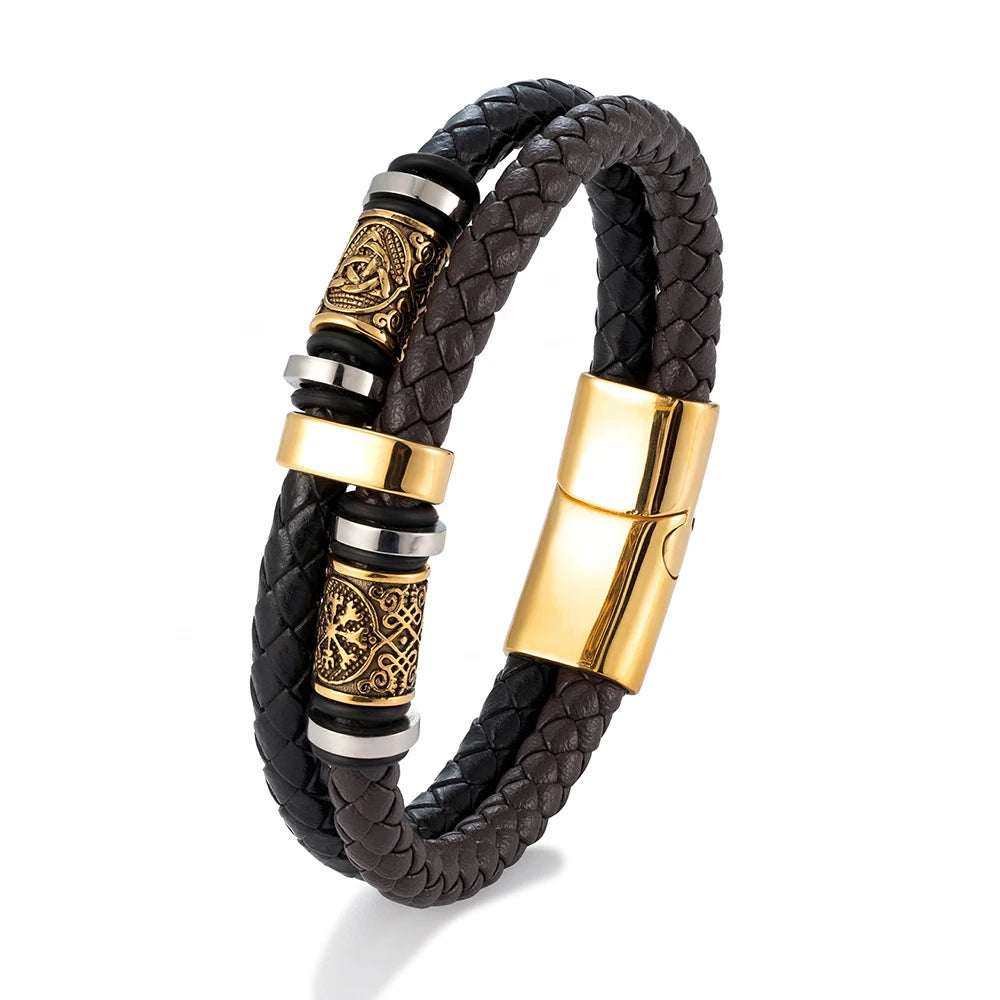 Punk Men's Genuine Leather & Stainless Steel Braided Bracelet - Viking Norse Runes Bead Bangle, Adjustable Couple Jewelry Gifts