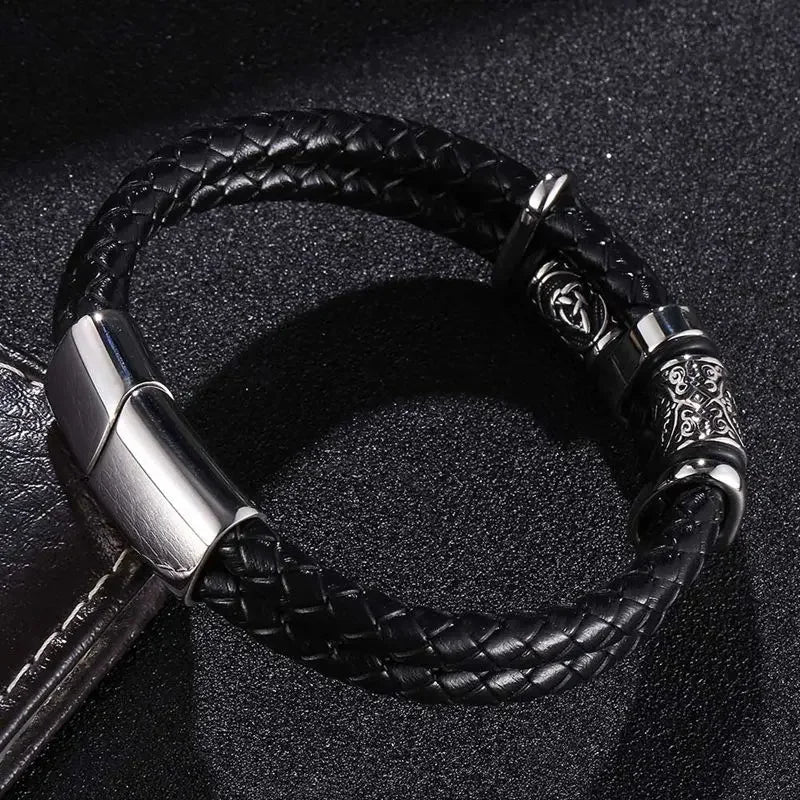 Viking Norse Runes Amulet Double Layer Braided Leather Men Bracelet Stainless Steel Trendy Punk Bangle Male Party Jewelry SP1339