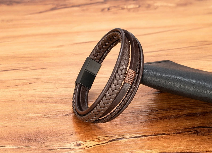 XQNI Luxury Fashion Hand-Woven Leather Bracelet Multilayer Men's Bangles Stainless Steel Magnetic Buckle Party Jewelry Gift