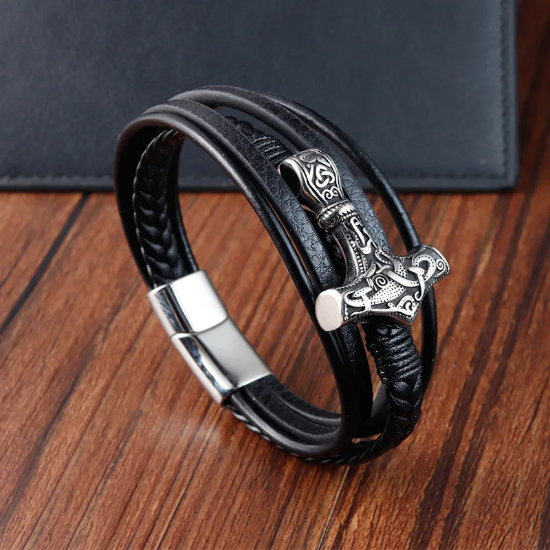 Trendy Genuine Leather Bracelet Men Classic Magnetic Button Stainless Steel Bangles Rope Wrap Charm for Male Bracelets