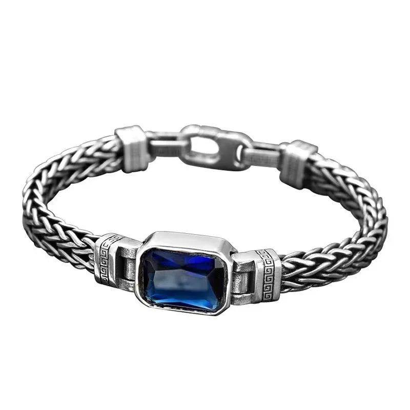 S925 Sterling Silver Couple Style Hand-Knitted Bracelet Old Vintage Stone Men Personalized Versatile 5MM Chain Fashion Jewelry
