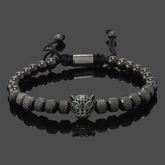 Luxury Royal Black Leopard Head Man Bracelet Stainless Steel Beads Hand Jewelry Big Boy Gift
