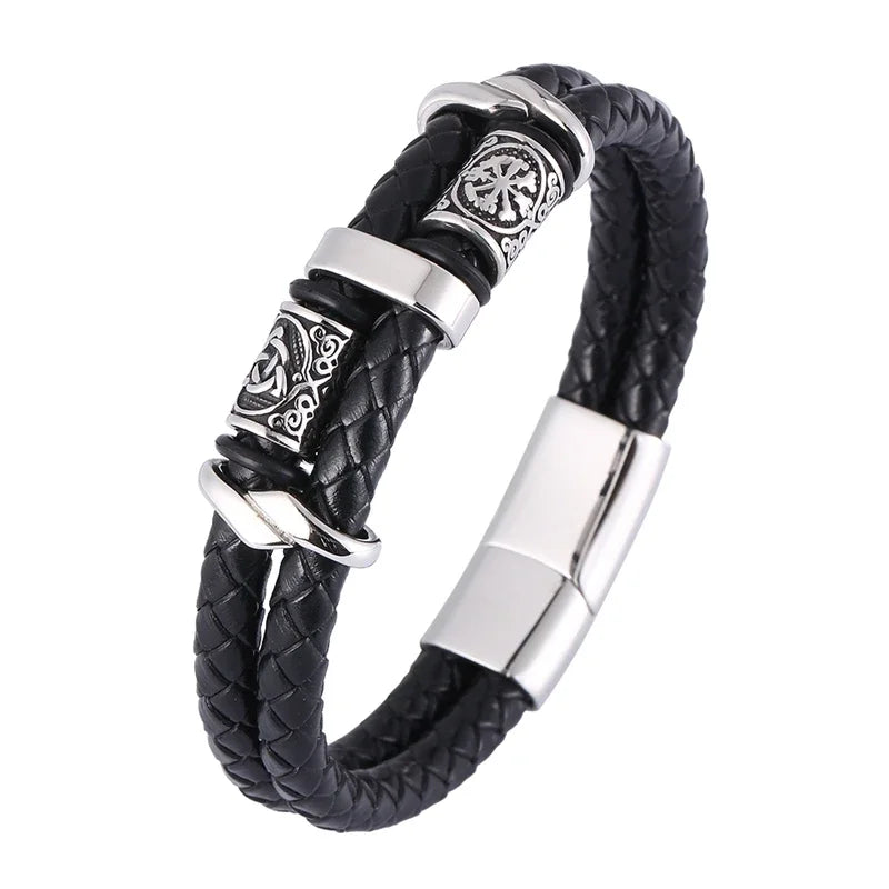Viking Norse Runes Amulet Double Layer Braided Leather Men Bracelet Stainless Steel Trendy Punk Bangle Male Party Jewelry SP1339