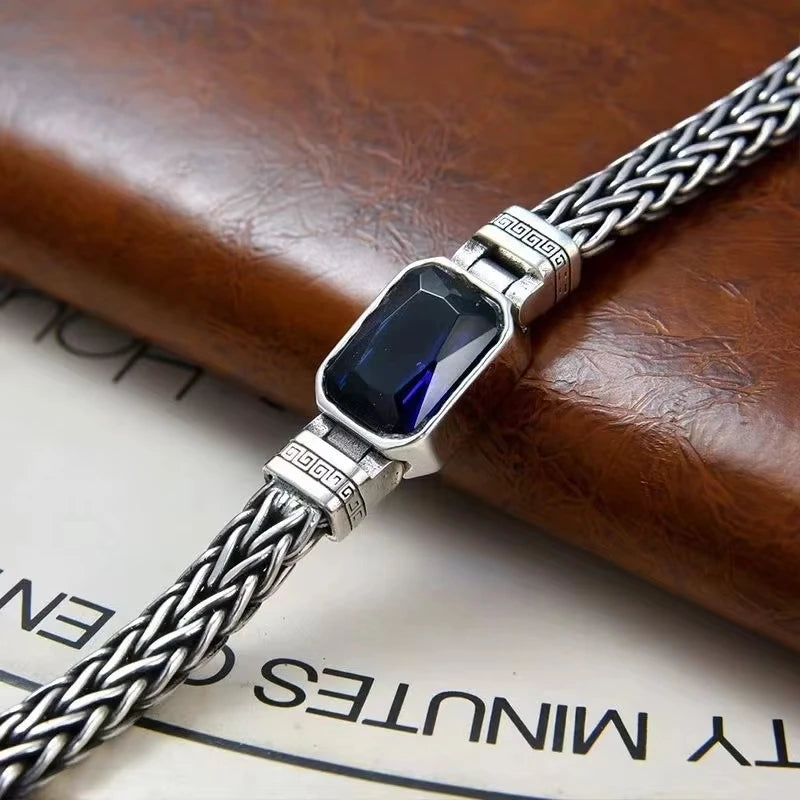 S925 Sterling Silver Couple Style Hand-Knitted Bracelet Old Vintage Stone Men Personalized Versatile 5MM Chain Fashion Jewelry
