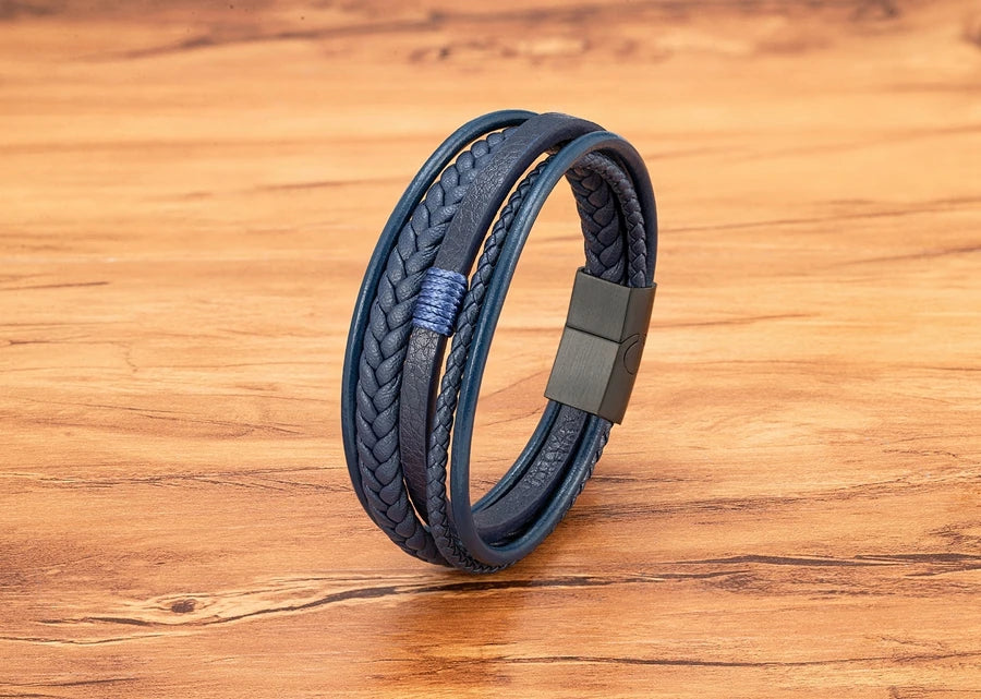 XQNI Luxury Fashion Hand-Woven Leather Bracelet Multilayer Men's Bangles Stainless Steel Magnetic Buckle Party Jewelry Gift