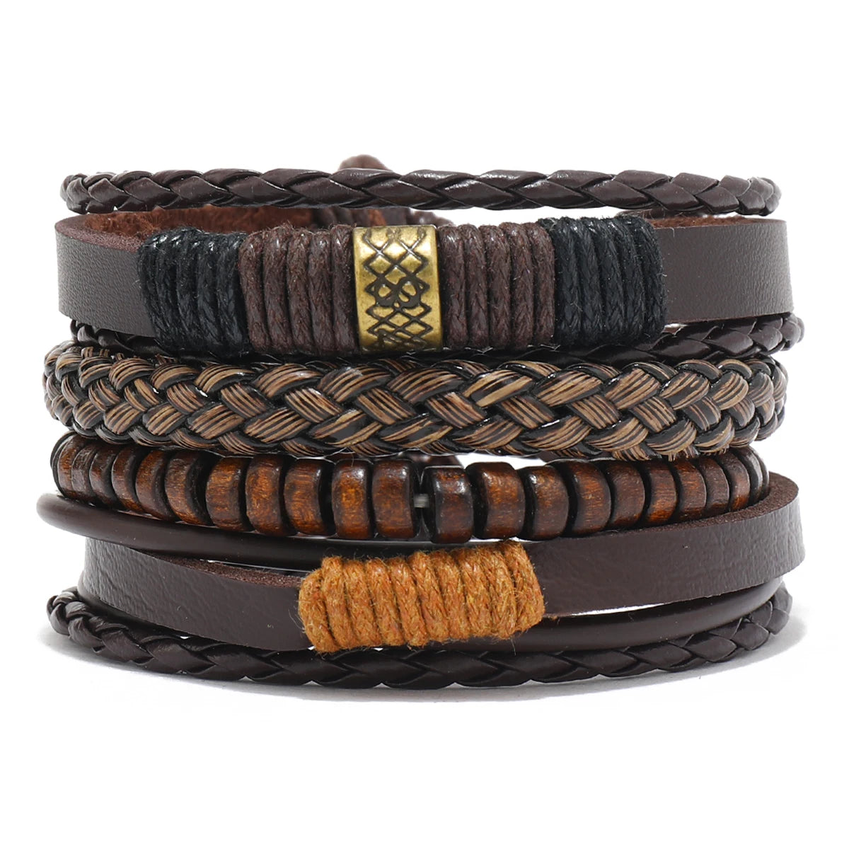 Men's Brown Beaded Chain Leather Bracelet Set