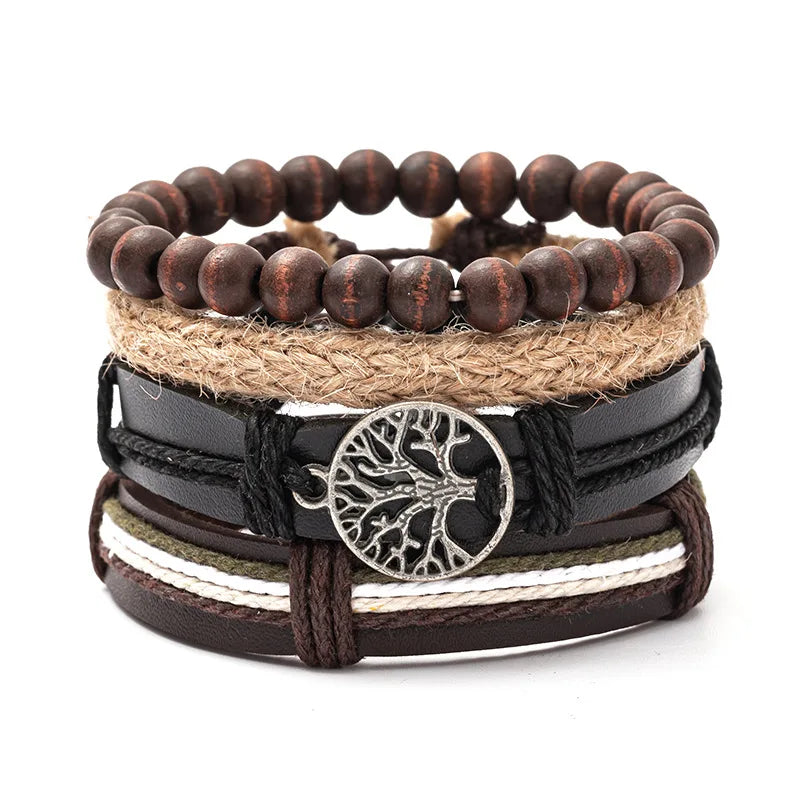 Men's Brown Beaded Chain Leather Bracelet Set