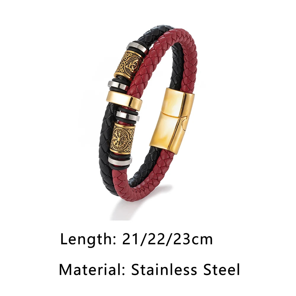 Punk Men's Genuine Leather & Stainless Steel Braided Bracelet - Viking Norse Runes Bead Bangle, Adjustable Couple Jewelry Gifts