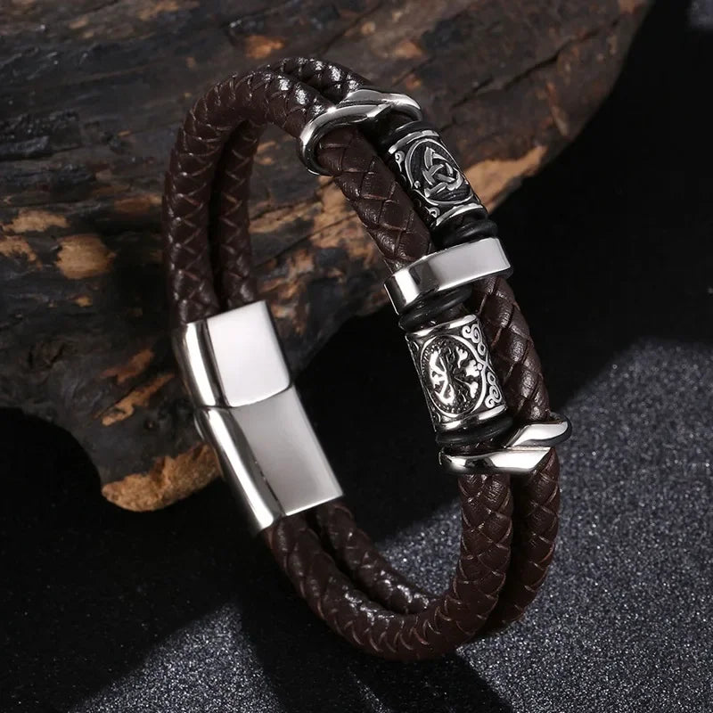 Viking Norse Runes Amulet Double Layer Braided Leather Men Bracelet Stainless Steel Trendy Punk Bangle Male Party Jewelry SP1339