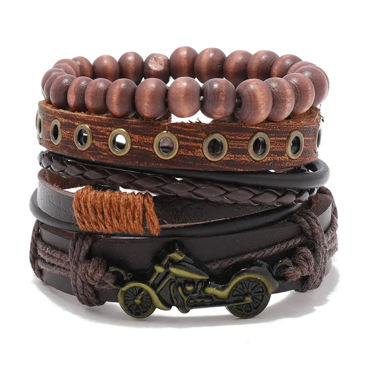 Men's Brown Beaded Chain Leather Bracelet Set